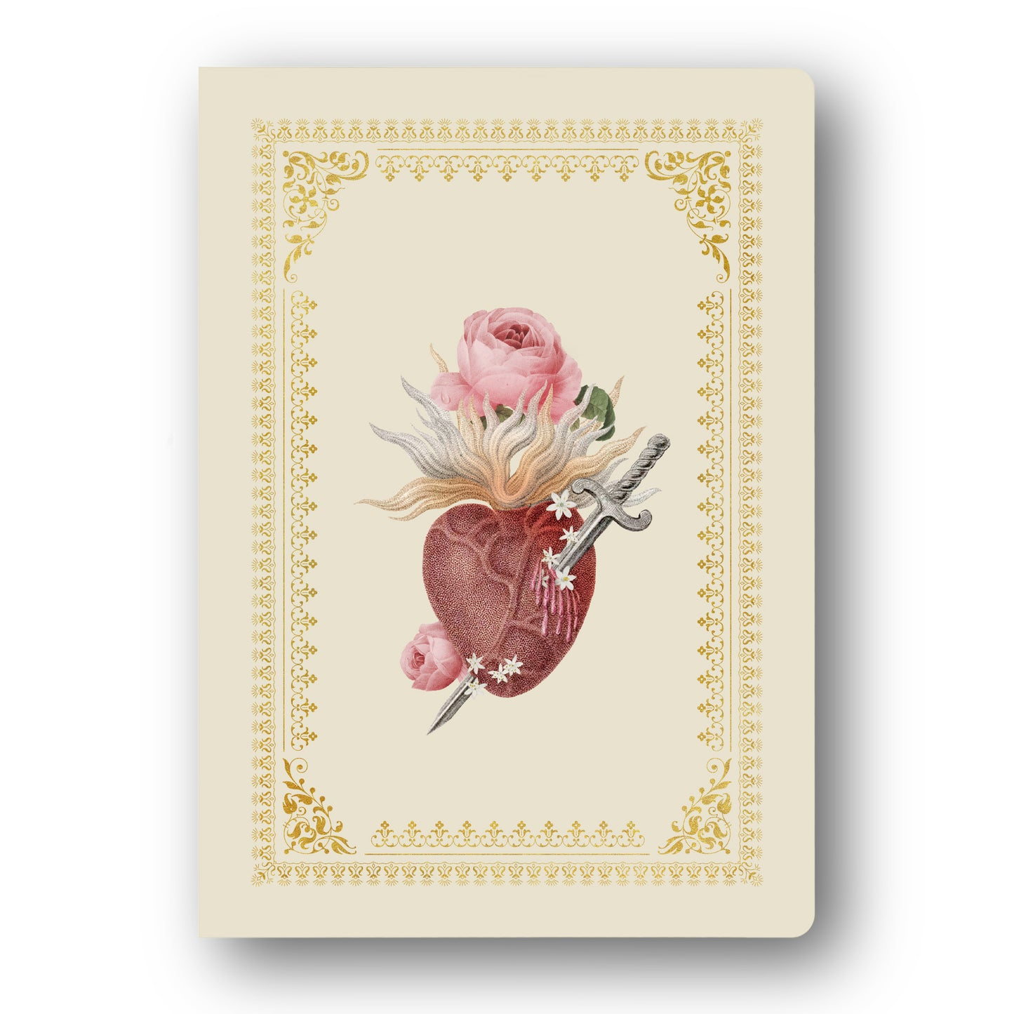 A cream-colored notebook or card featuring a vintage-style illustration of a pierced anatomical heart with pink roses and a dagger, framed by an ornate gold border.