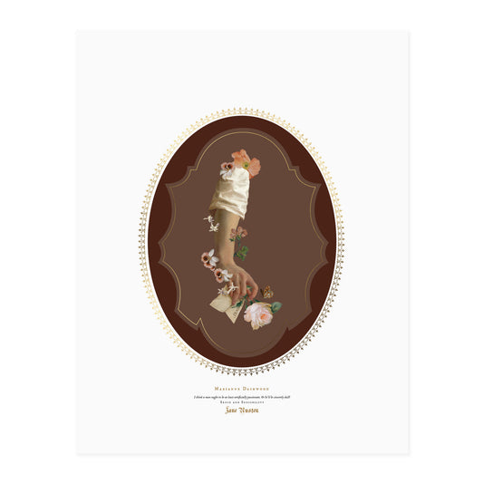 An art print featuring a vintage-style illustration of a hand and arm, adorned with flowers and a letter, set within an ornate brown oval frame. The print has a white border with gold decorative text at the bottom with a Jane Austen quote.
